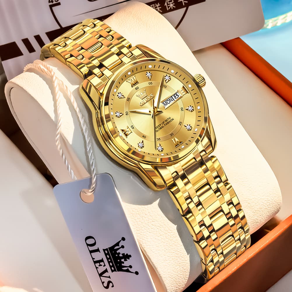 OLEVS Diamond Dial Day Date Quartz Watch 5513 Steel Band for Women - All Gold Watch | Olevs Watch Store