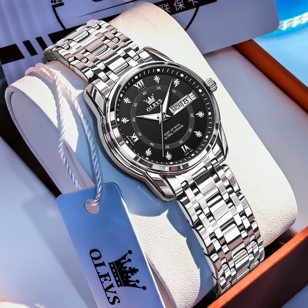 OLEVS Diamond Dial Day Date Quartz Watch 5513 Steel Band for Women - Silver Black Watch | Olevs Watch Store