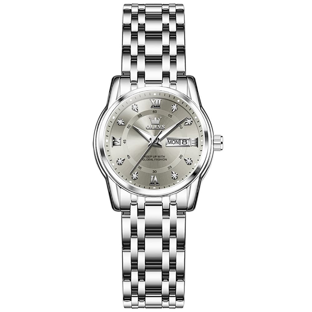 OLEVS Diamond Dial Day Date Quartz Watch 5513 Steel Band for Women - Silver Grey Watch | Olevs Watch Store
