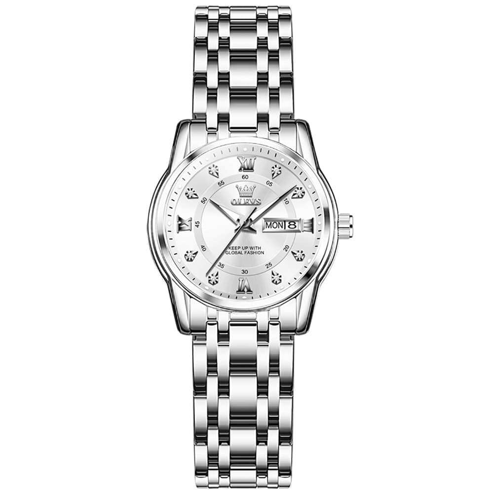 OLEVS Diamond Dial Day Date Quartz Watch 5513 Steel Band for Women - Silver Grey Watch | Olevs Watch Store