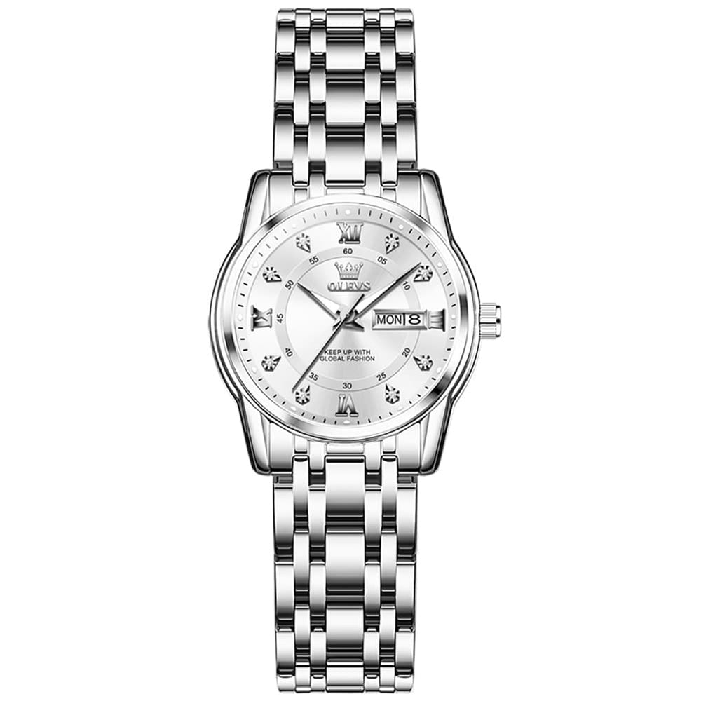 OLEVS Diamond Dial Day Date Quartz Watch 5513 Steel Band for Women - Silver Grey Watch | Olevs Watch Store