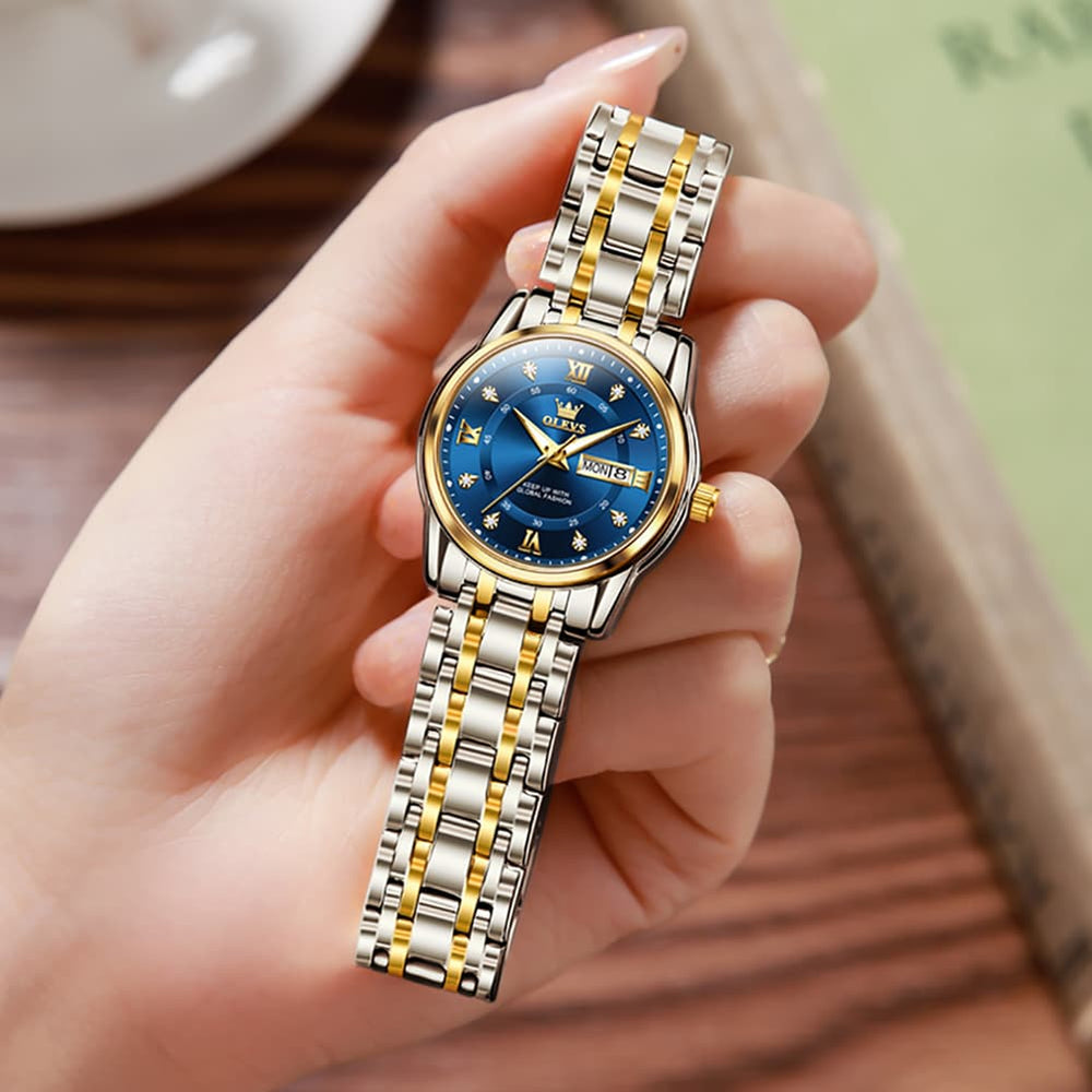 OLEVS Diamond Dial Day Date Quartz Watch 5513 Steel Band for Women - Silver Grey Watch | Olevs Watch Store