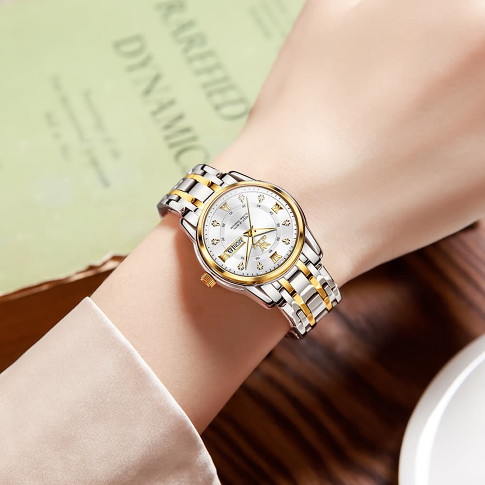 OLEVS Diamond Dial Day Date Quartz Watch 5513 Steel Band for Women - Silver Grey Watch | Olevs Watch Store