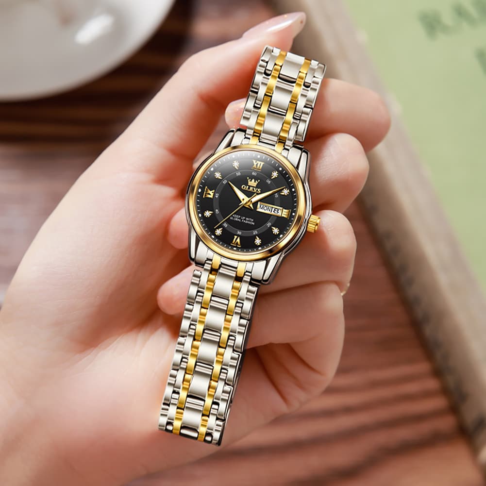 OLEVS Diamond Dial Day Date Quartz Watch 5513 Steel Band for Women - Silver Grey Watch | Olevs Watch Store