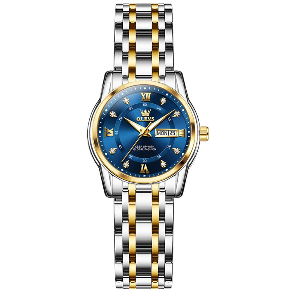 OLEVS Diamond Dial Day Date Quartz Watch 5513 Steel Band for Women - Silver Grey Watch | Olevs Watch Store