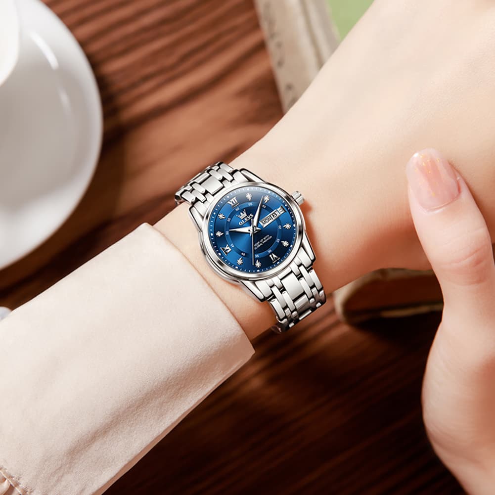 OLEVS Diamond Dial Day Date Quartz Watch 5513 Steel Band for Women - Silver Grey Watch | Olevs Watch Store