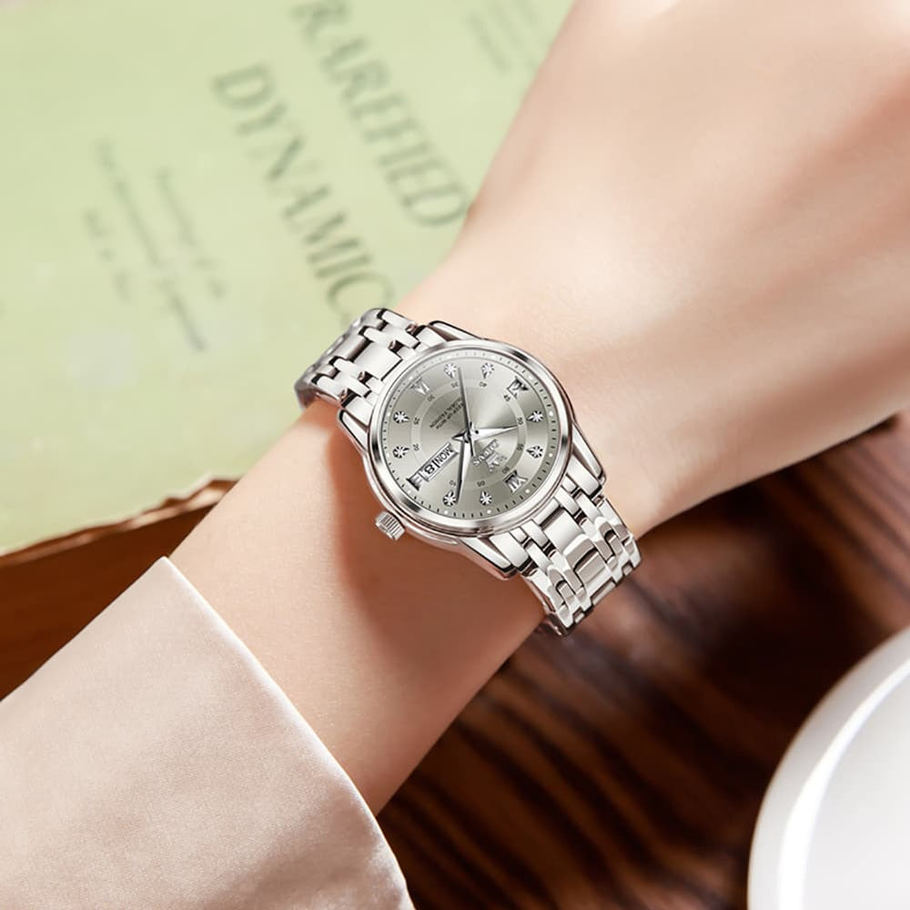 OLEVS Diamond Dial Day Date Quartz Watch 5513 Steel Band for Women - Silver Grey Watch | Olevs Watch Store