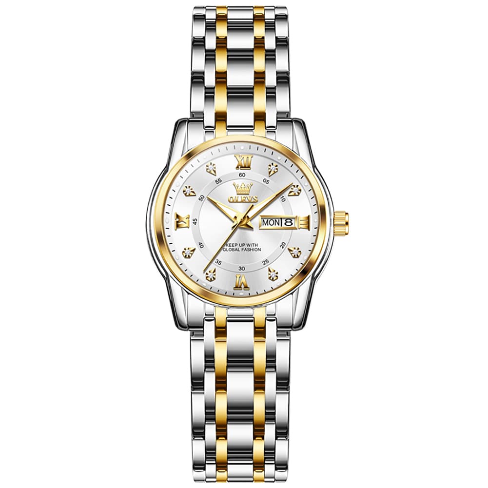 OLEVS Diamond Dial Day Date Quartz Watch 5513 Steel Band for Women - Silver Grey Watch | Olevs Watch Store