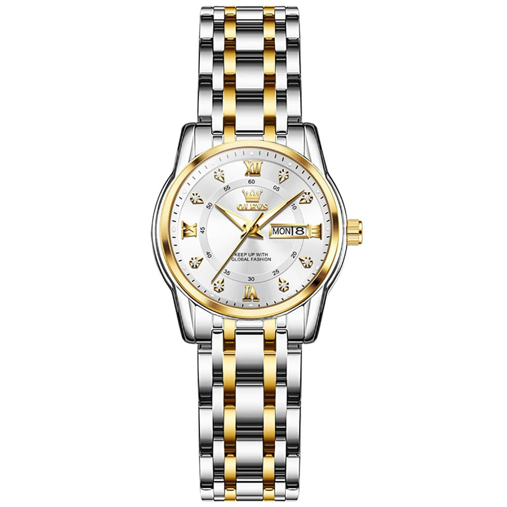 OLEVS Diamond Dial Day Date Quartz Watch 5513 Steel Band for Women - Silver Grey Watch | Olevs Watch Store