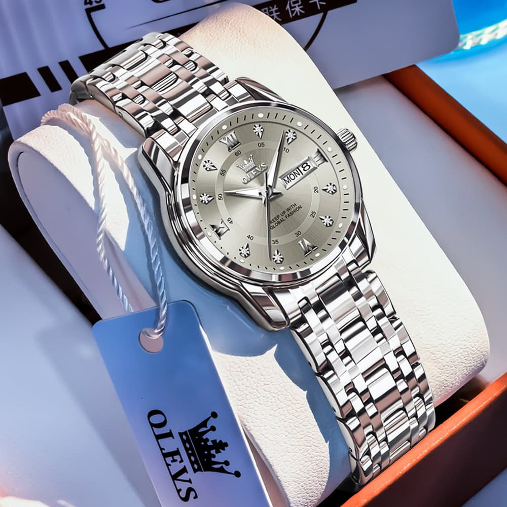 OLEVS Diamond Dial Day Date Quartz Watch 5513 Steel Band for Women - Silver Grey Watch | Olevs Watch Store