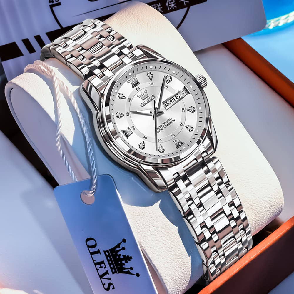 OLEVS Diamond Dial Day Date Quartz Watch 5513 Steel Band for Women - Silver White Watch | Olevs Watch Store
