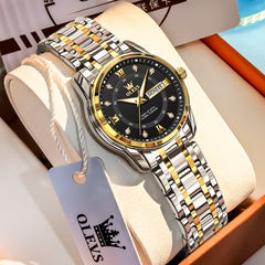 OLEVS Diamond Dial Day Date Quartz Watch 5513 Steel Band for Women - Two Tone Black Watch | Olevs Watch Store