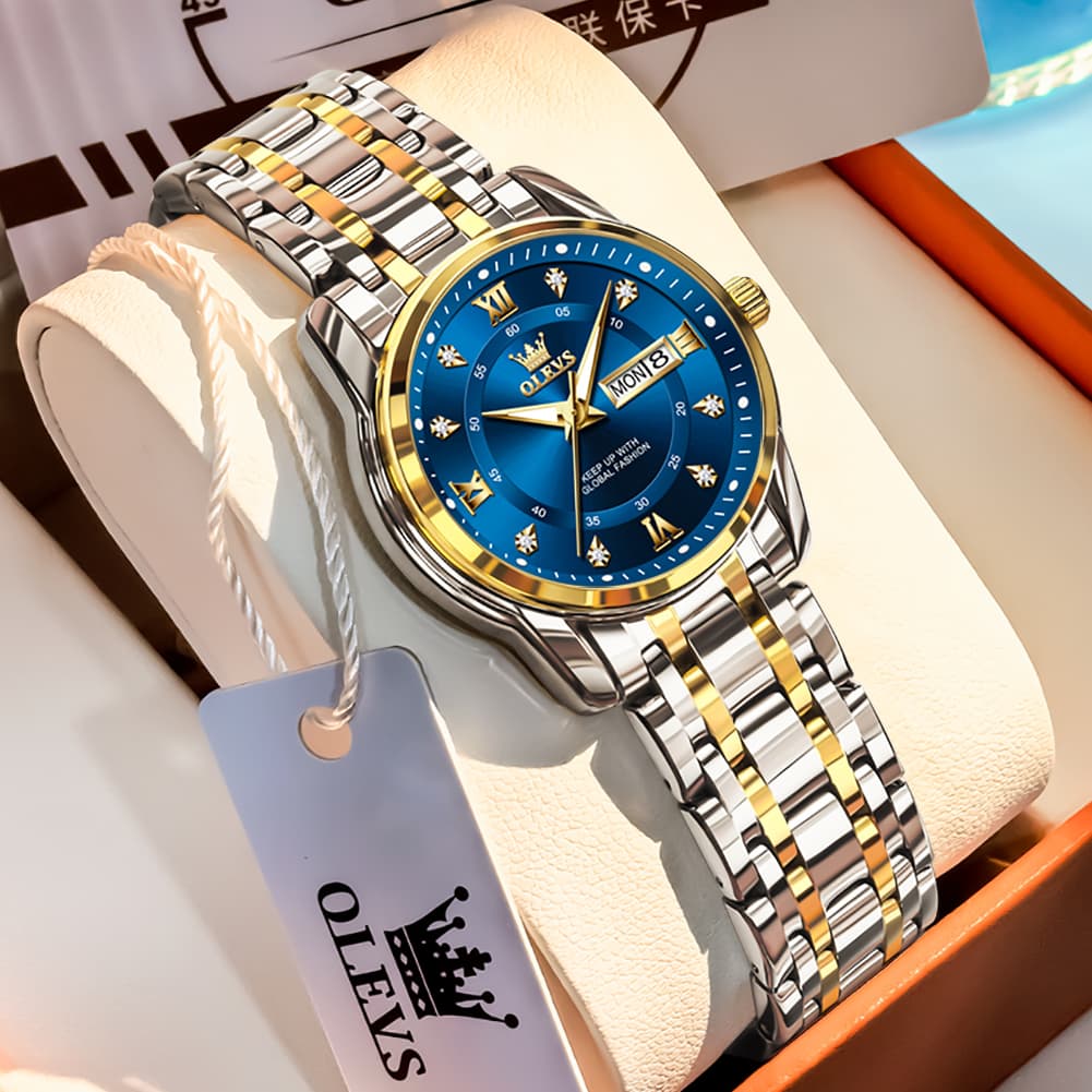 OLEVS Diamond Dial Day Date Quartz Watch 5513 Steel Band for Women - Two Tone Blue Watch | Olevs Watch Store
