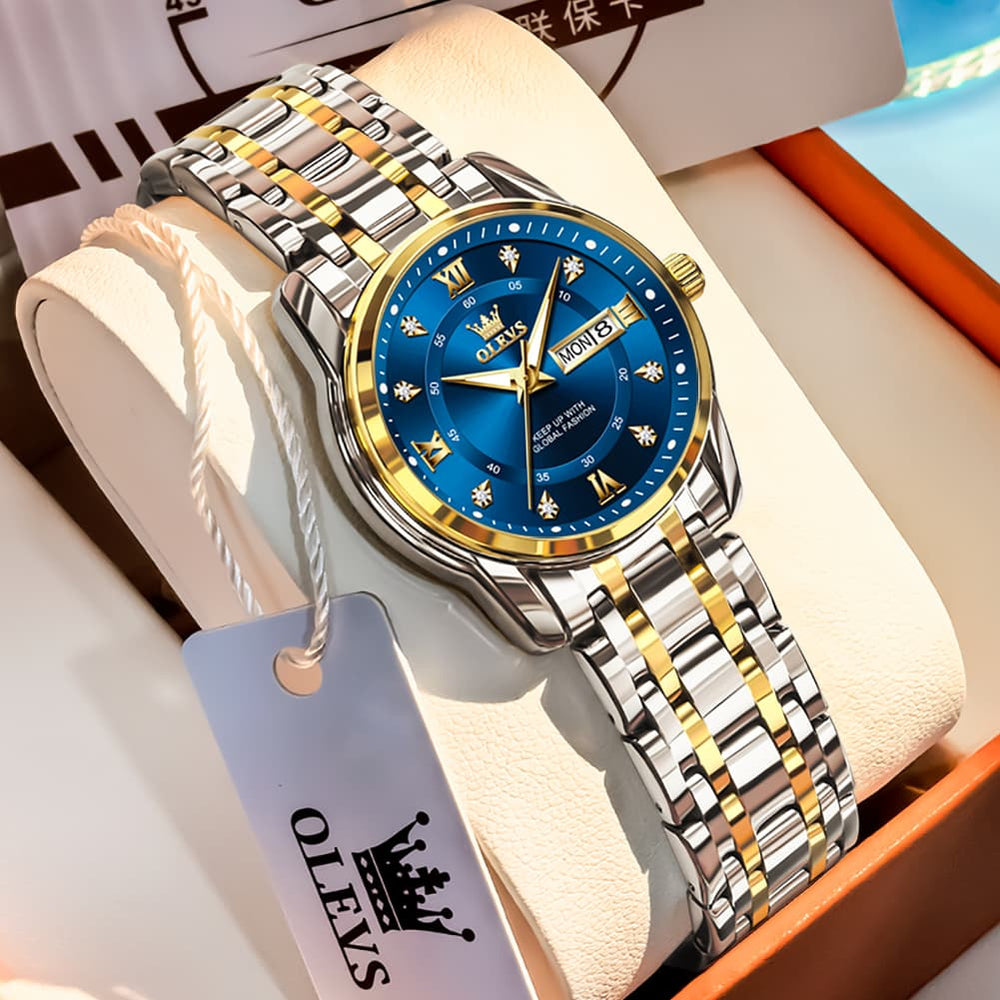 OLEVS Diamond Dial Day Date Quartz Watch 5513 Steel Band for Women - Two Tone Blue Watch | Olevs Watch Store