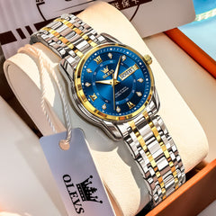 OLEVS Diamond Dial Day Date Quartz Watch 5513 Steel Band for Women - Two Tone Blue Watch | Olevs Watch Store
