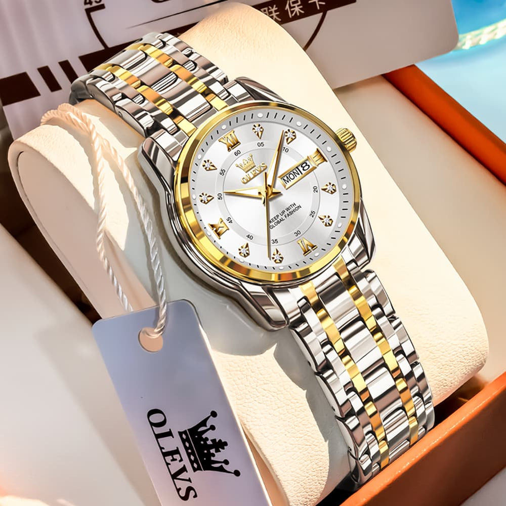 OLEVS Diamond Dial Day Date Quartz Watch 5513 Steel Band for Women - Two Tone White Watch | Olevs Watch Store