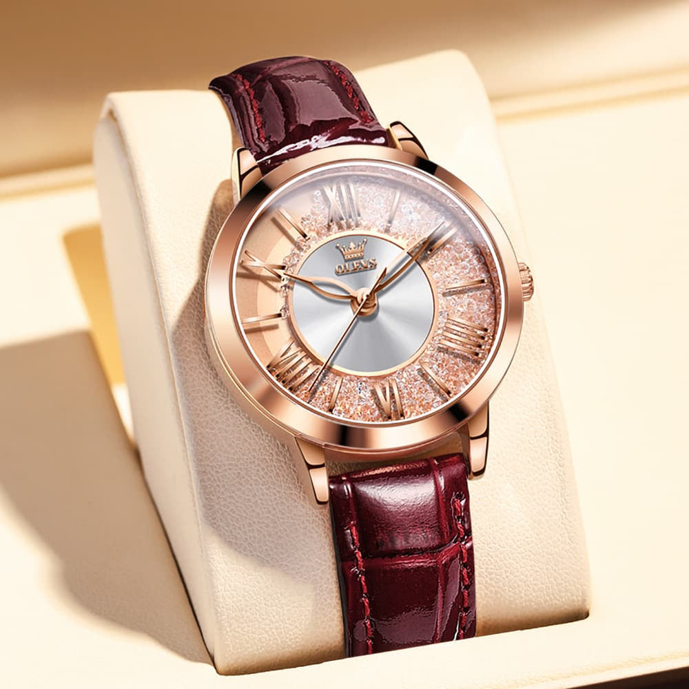 OLEVS Flowing Quicksand Crystal Dress Watch for Women Leather Strap 5539 - Burgundy Brown Watch | Olevs Watch Store