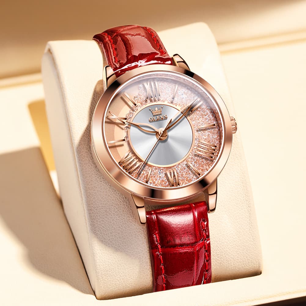 OLEVS Flowing Quicksand Crystal Dress Watch for Women Leather Strap 5539 - Charm Red Watch | Olevs Watch Store
