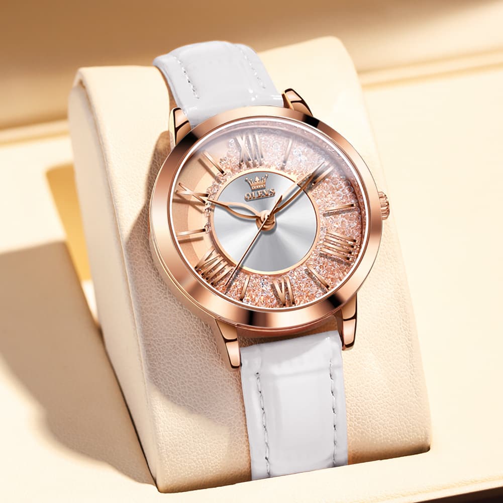 OLEVS Flowing Quicksand Crystal Dress Watch for Women Leather Strap 5539 - Elegant White Watch | Olevs Watch Store