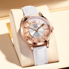 OLEVS Flowing Quicksand Crystal Dress Watch for Women Leather Strap 5539 - Elegant White Watch | Olevs Watch Store