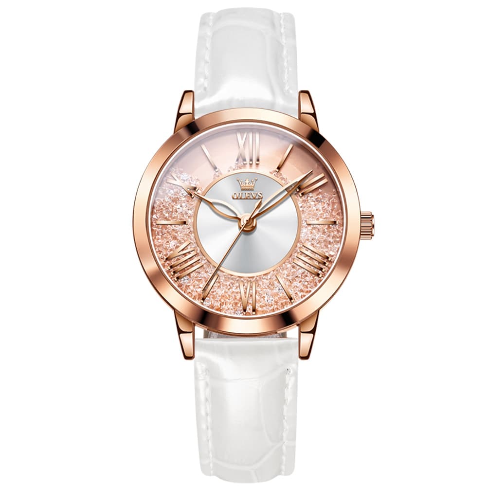 OLEVS Flowing Quicksand Crystal Dress Watch for Women Leather Strap 5539 - Romantic Pink Watch | Olevs Watch Store