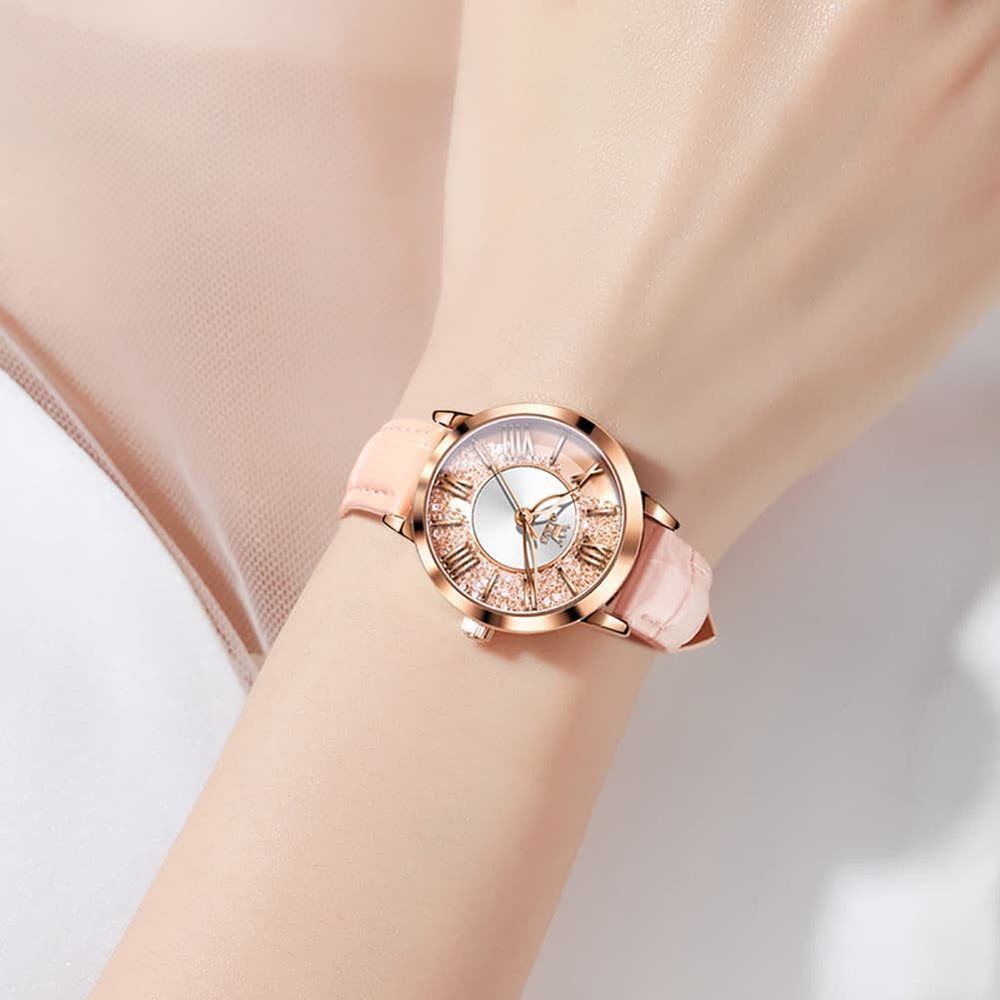 OLEVS Flowing Quicksand Crystal Dress Watch for Women Leather Strap 5539 - Romantic Pink Watch | Olevs Watch Store