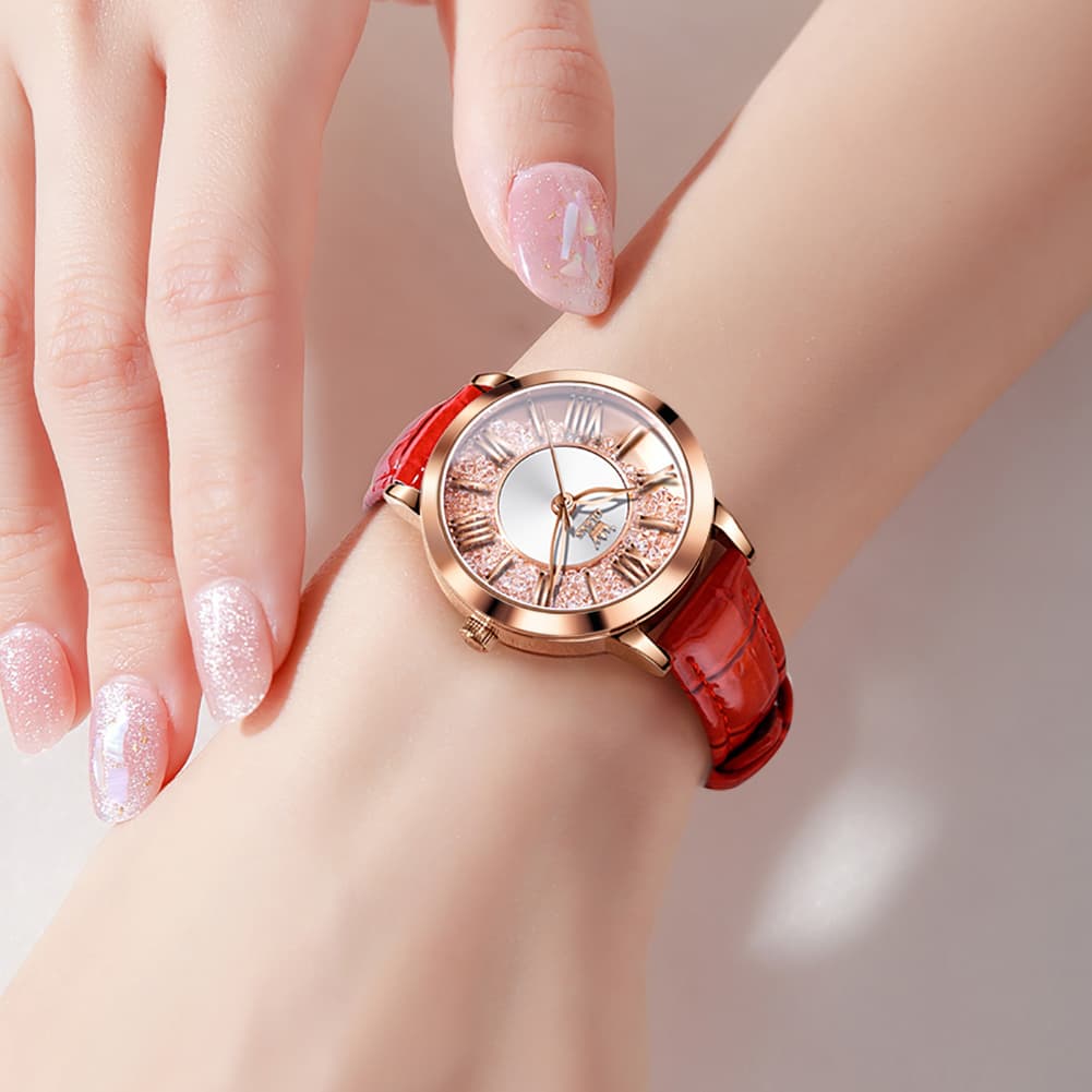 OLEVS Flowing Quicksand Crystal Dress Watch for Women Leather Strap 5539 - Romantic Pink Watch | Olevs Watch Store
