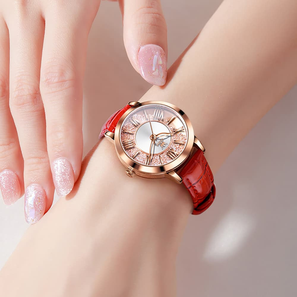 OLEVS Flowing Quicksand Crystal Dress Watch for Women Leather Strap 5539 - Romantic Pink Watch | Olevs Watch Store