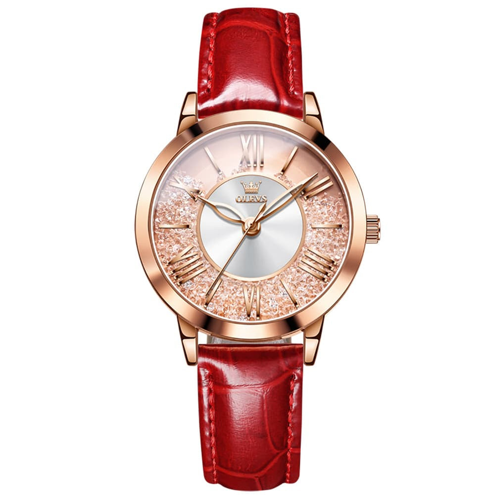 OLEVS Flowing Quicksand Crystal Dress Watch for Women Leather Strap 5539 - Romantic Pink Watch | Olevs Watch Store