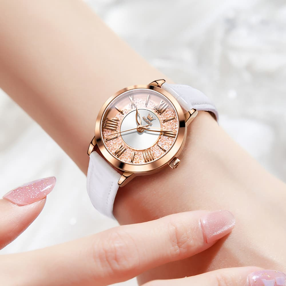 OLEVS Flowing Quicksand Crystal Dress Watch for Women Leather Strap 5539 - Romantic Pink Watch | Olevs Watch Store