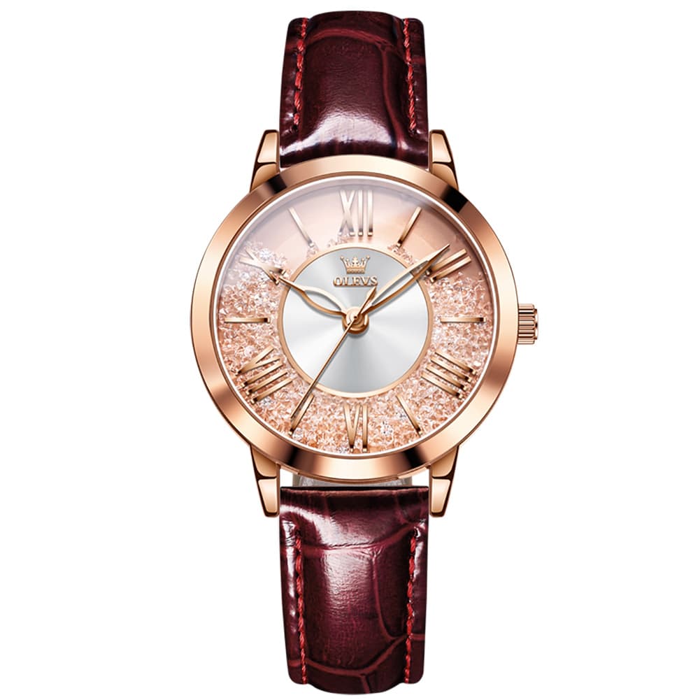 OLEVS Flowing Quicksand Crystal Dress Watch for Women Leather Strap 5539 - Romantic Pink Watch | Olevs Watch Store