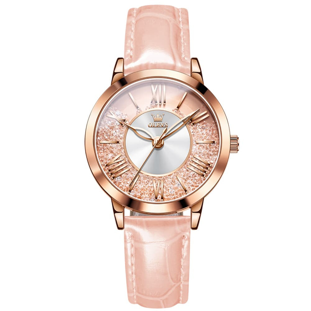 OLEVS Flowing Quicksand Crystal Dress Watch for Women Leather Strap 5539 - Romantic Pink Watch | Olevs Watch Store