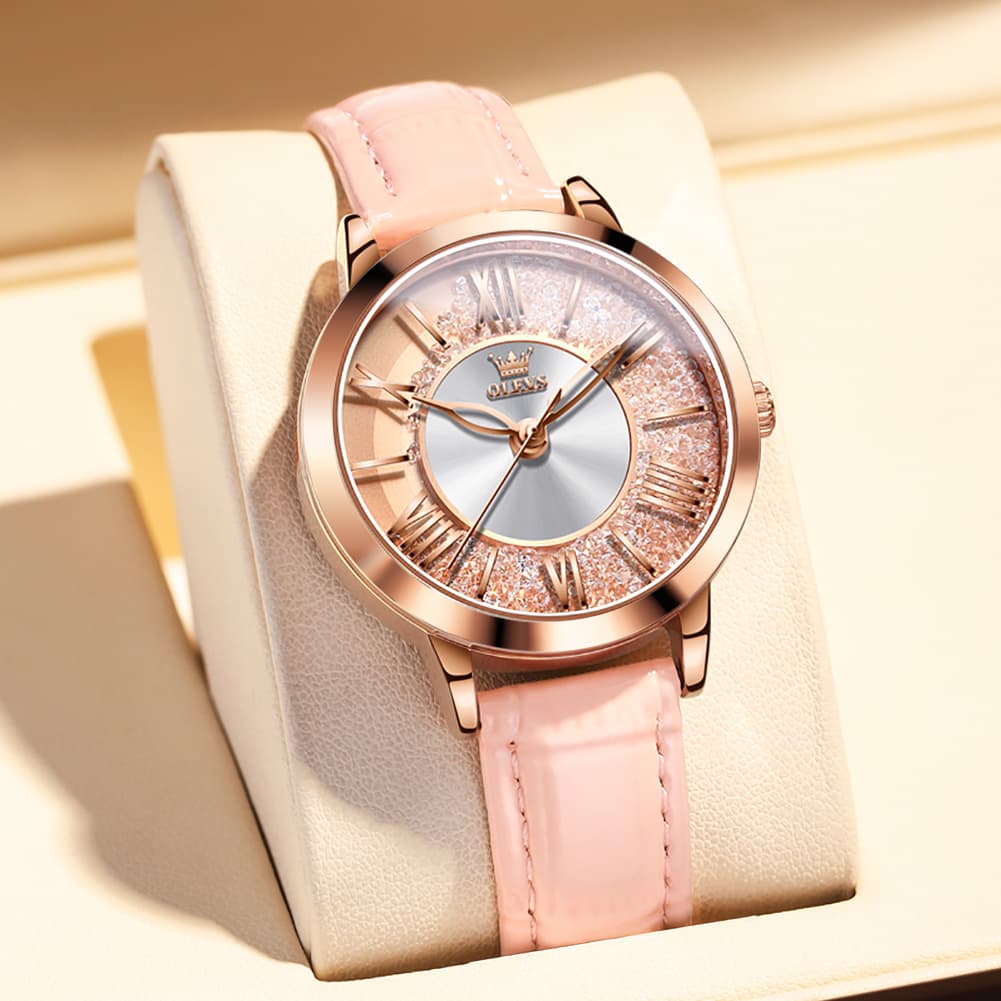 OLEVS Flowing Quicksand Crystal Dress Watch for Women Leather Strap 5539 - Romantic Pink Watch | Olevs Watch Store