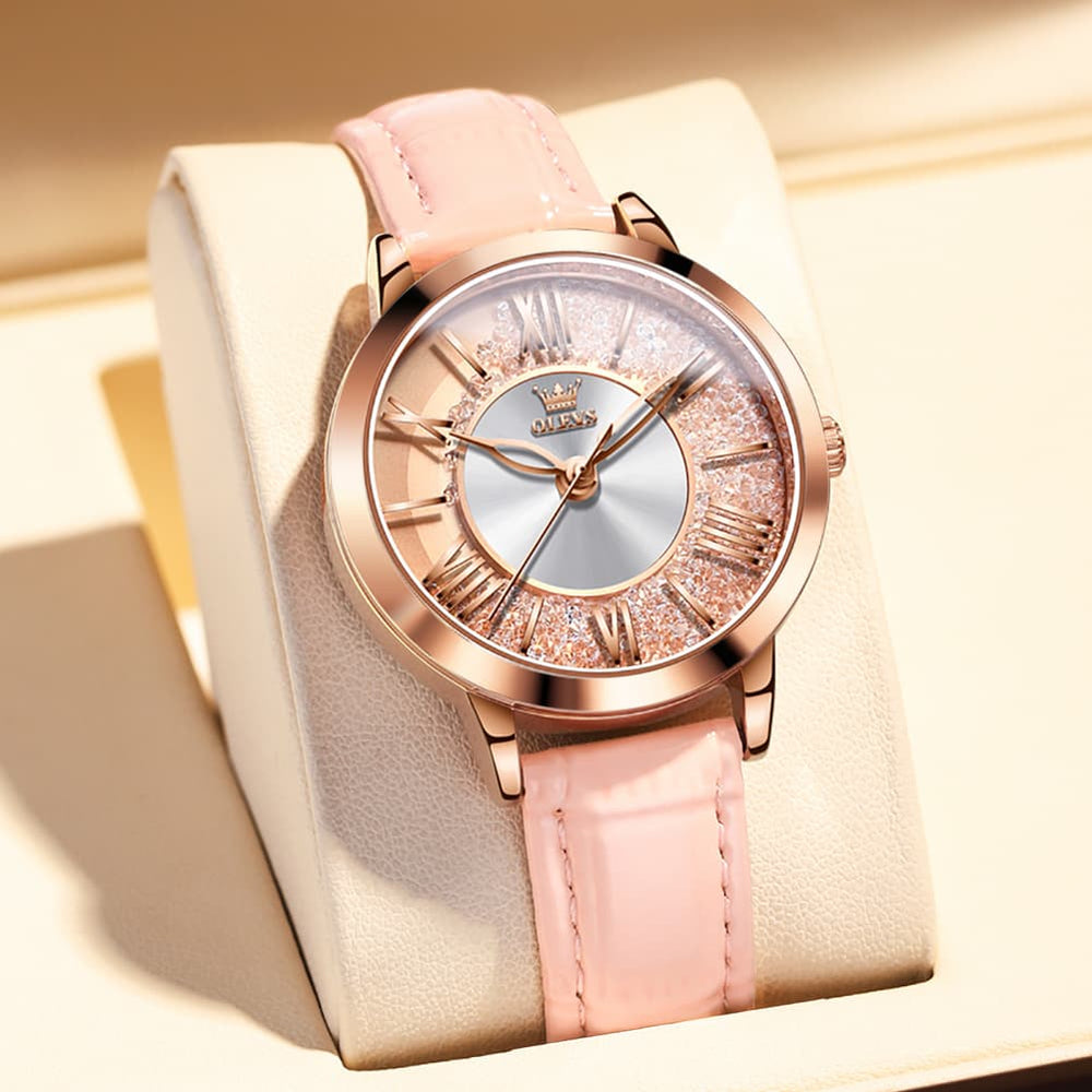 OLEVS Flowing Quicksand Crystal Dress Watch for Women Leather Strap 5539 - Romantic Pink Watch | Olevs Watch Store