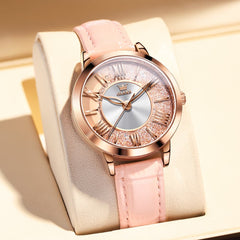 OLEVS Flowing Quicksand Crystal Dress Watch for Women Leather Strap 5539 - Romantic Pink Watch | Olevs Watch Store