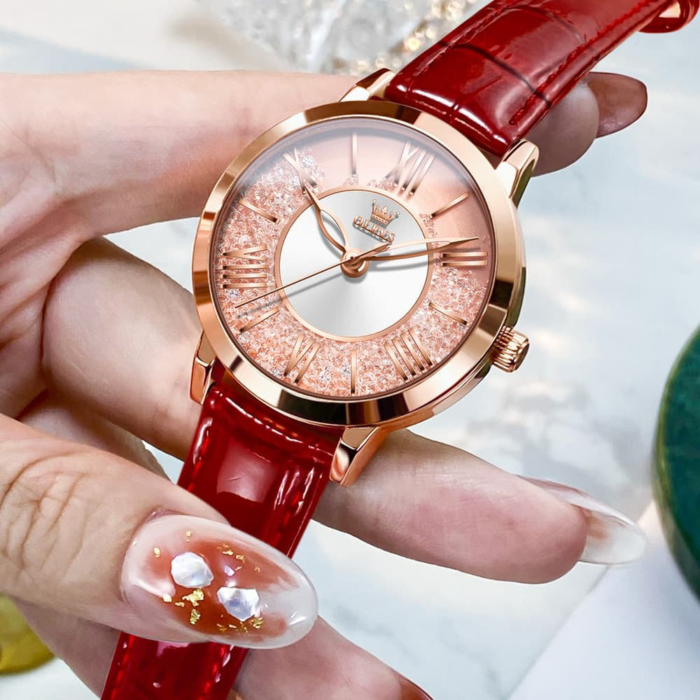 OLEVS Flowing Quicksand Crystal Dress Watch for Women Leather Strap 5539 - Romantic Pink Watch | Olevs Watch Store