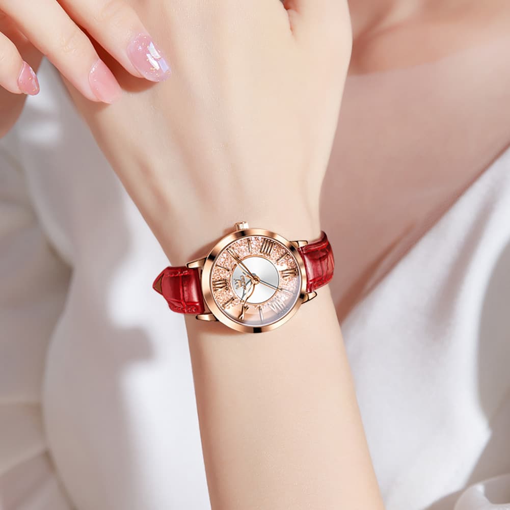 OLEVS Flowing Quicksand Crystal Dress Watch for Women Leather Strap 5539 - Romantic Pink Watch | Olevs Watch Store