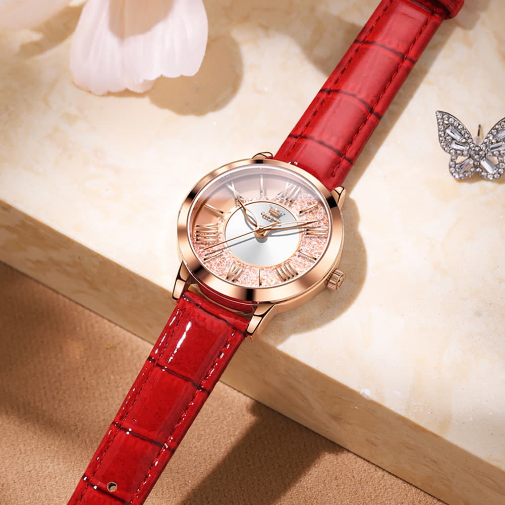 OLEVS Flowing Quicksand Crystal Dress Watch for Women Leather Strap 5539 - Romantic Pink Watch | Olevs Watch Store