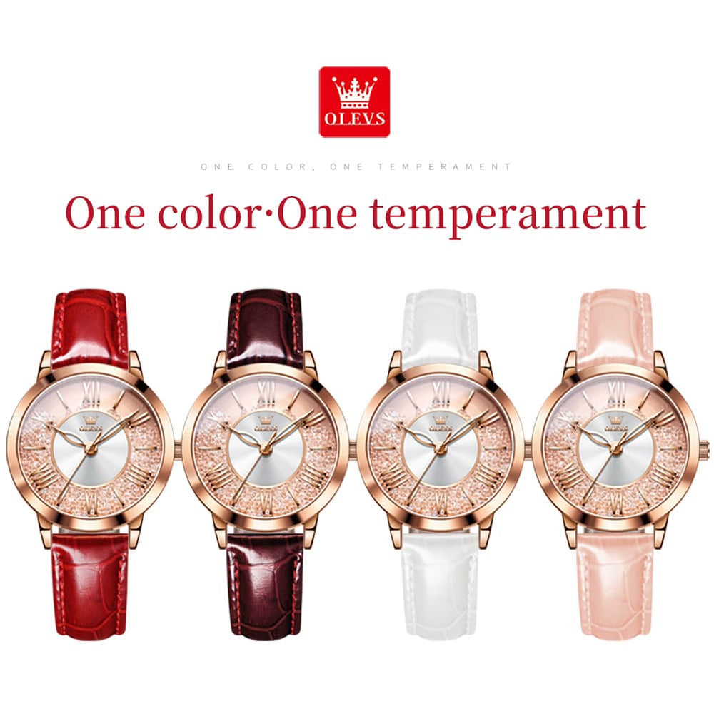 OLEVS Flowing Quicksand Crystal Dress Watch for Women Leather Strap 5539 - Romantic Pink Watch | Olevs Watch Store