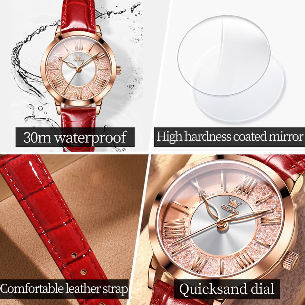 OLEVS Flowing Quicksand Crystal Dress Watch for Women Leather Strap 5539 - Romantic Pink Watch | Olevs Watch Store