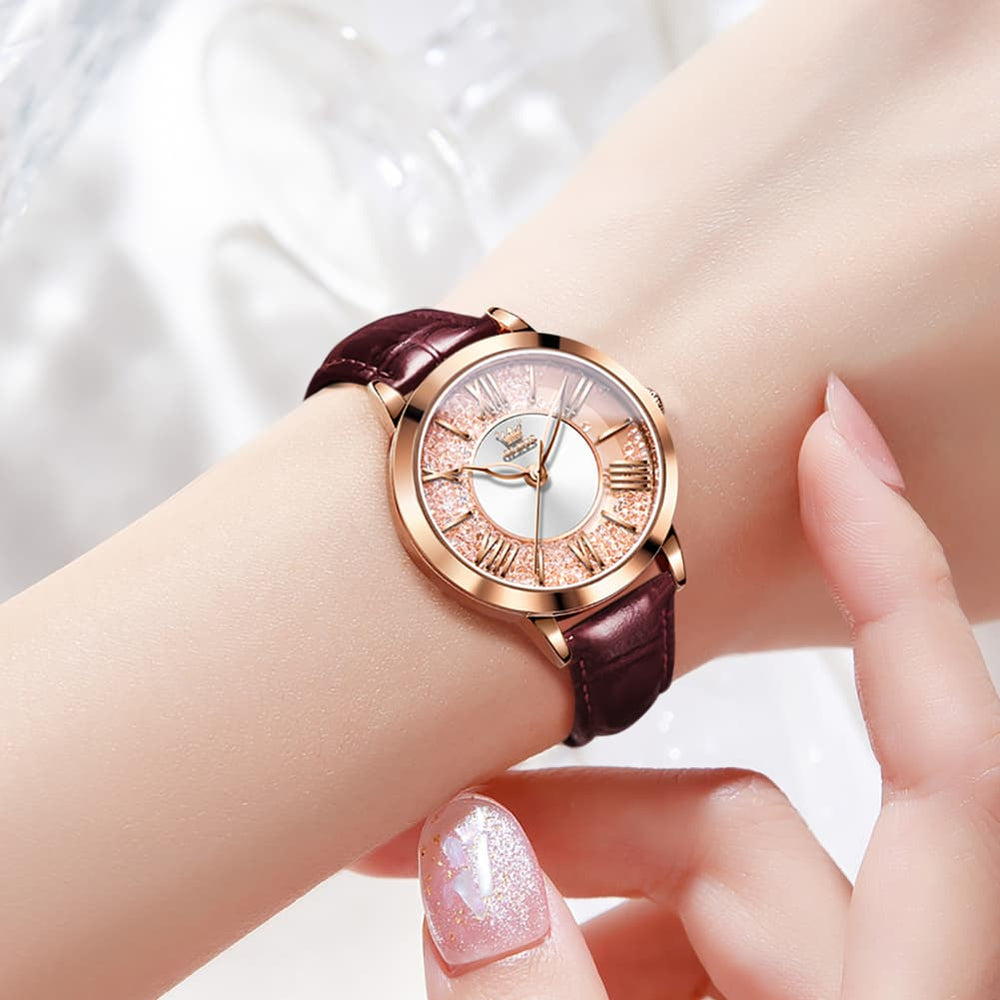 OLEVS Flowing Quicksand Crystal Dress Watch for Women Leather Strap 5539 - Romantic Pink Watch | Olevs Watch Store