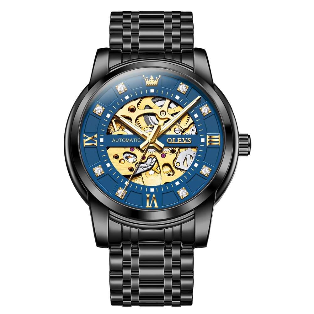 OLEVS Full Skeleton Diamond Dial Automatic Mechanical Watch 9901 for Men - All Black Blue Watch | Olevs Watch Store