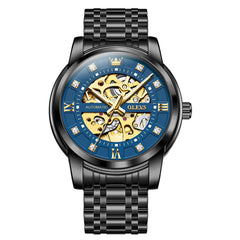 OLEVS Full Skeleton Diamond Dial Automatic Mechanical Watch 9901 for Men - All Black Blue Watch | Olevs Watch Store