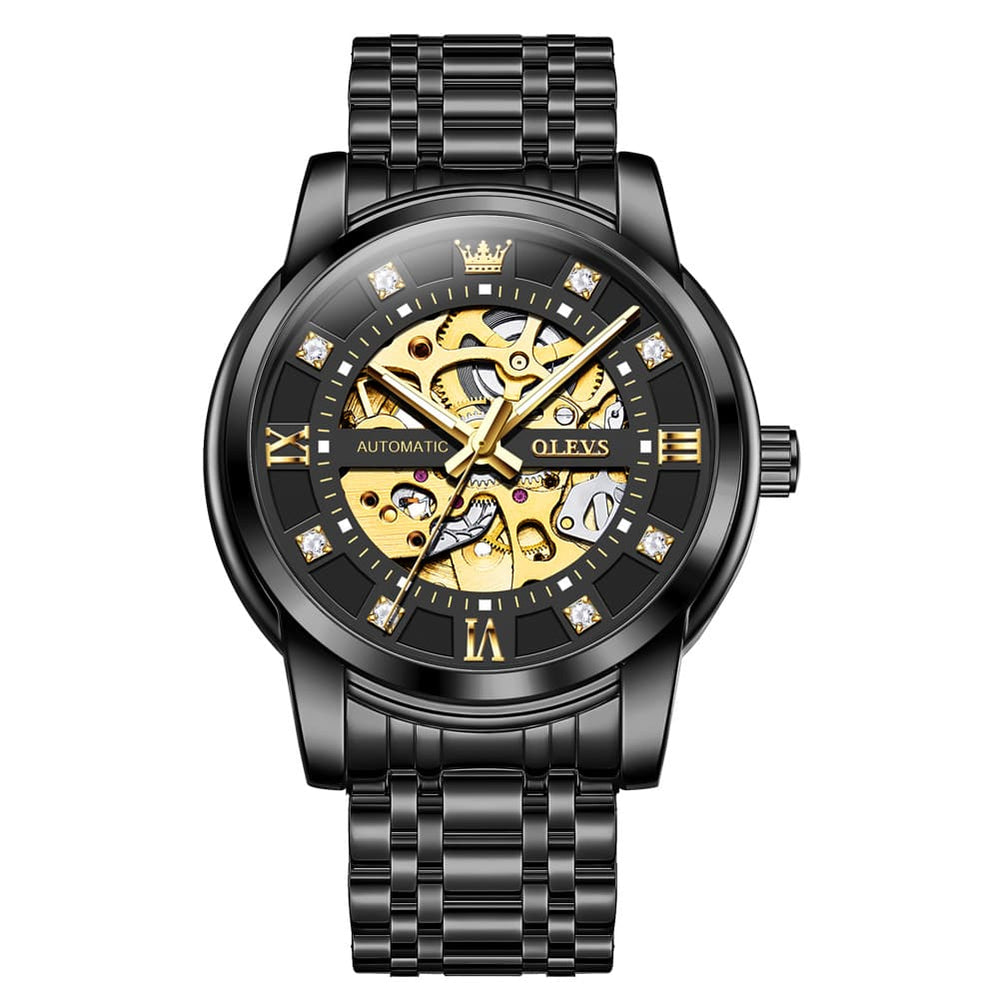 OLEVS Full Skeleton Diamond Dial Automatic Mechanical Watch 9901 for Men - All Black Gold Watch | Olevs Watch Store