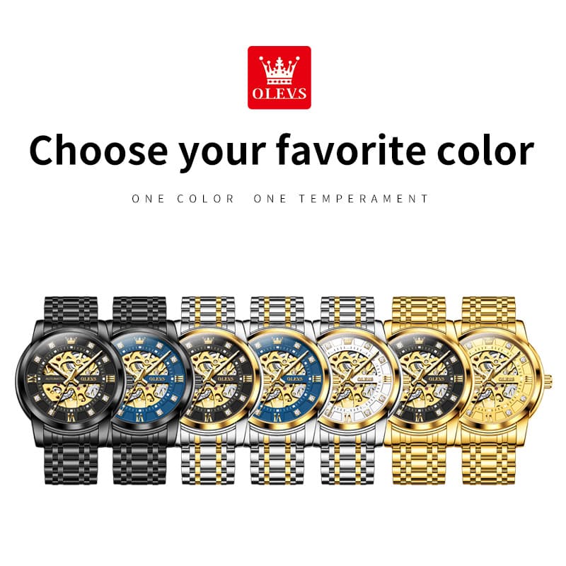 OLEVS Full Skeleton Diamond Dial Automatic Mechanical Watch 9901 for Men - All Gold Watch | Olevs Watch Store