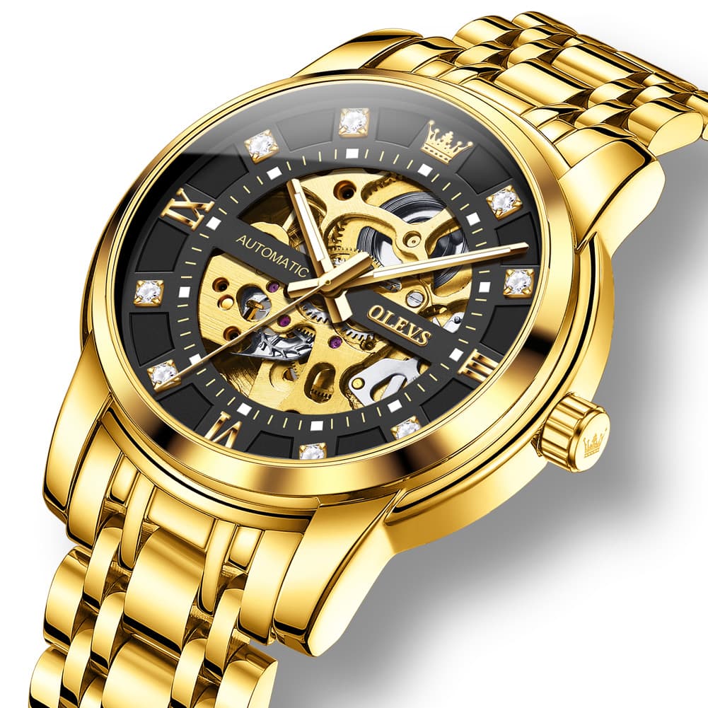 OLEVS Full Skeleton Diamond Dial Automatic Mechanical Watch 9901 for Men - All Gold Watch | Olevs Watch Store