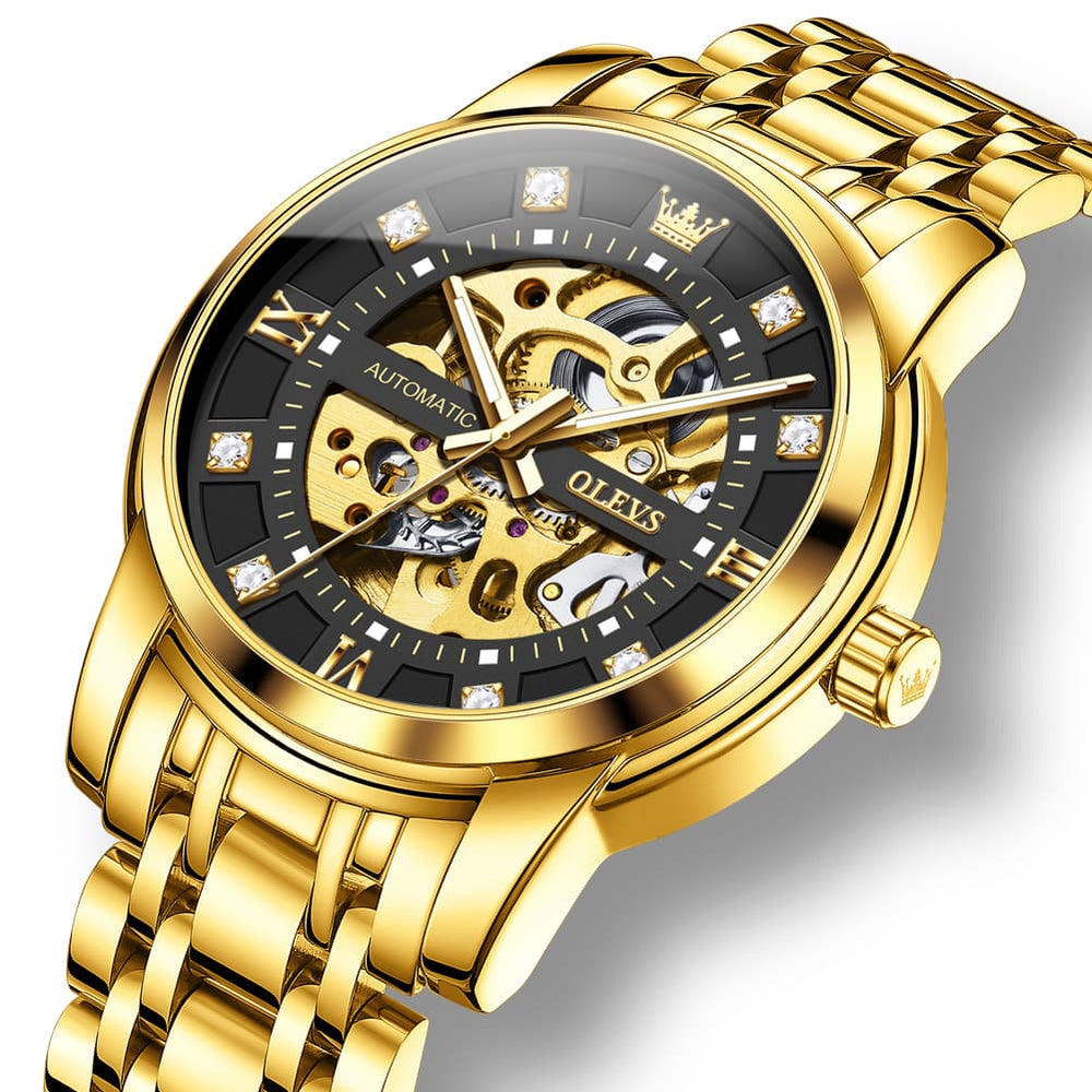 OLEVS Full Skeleton Diamond Dial Automatic Mechanical Watch 9901 for Men - All Gold Watch | Olevs Watch Store