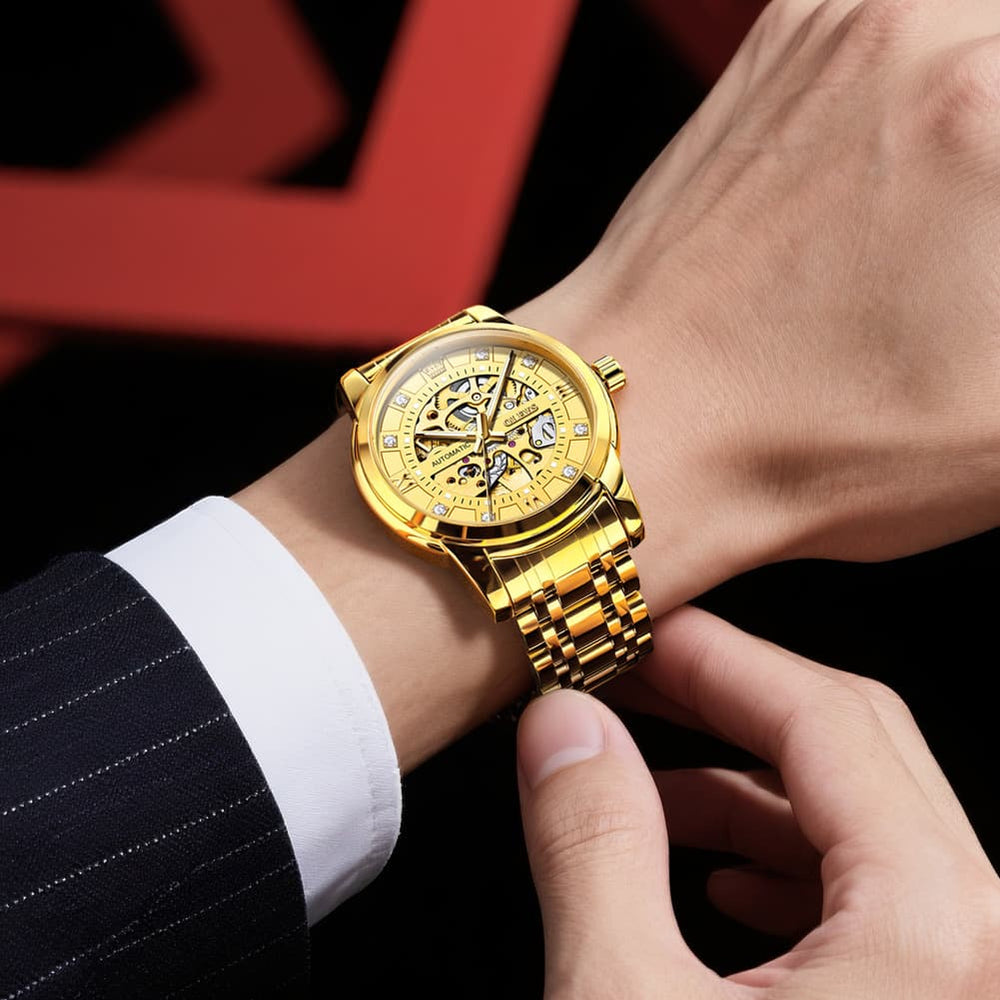 OLEVS Full Skeleton Diamond Dial Automatic Mechanical Watch 9901 for Men - All Gold Watch | Olevs Watch Store