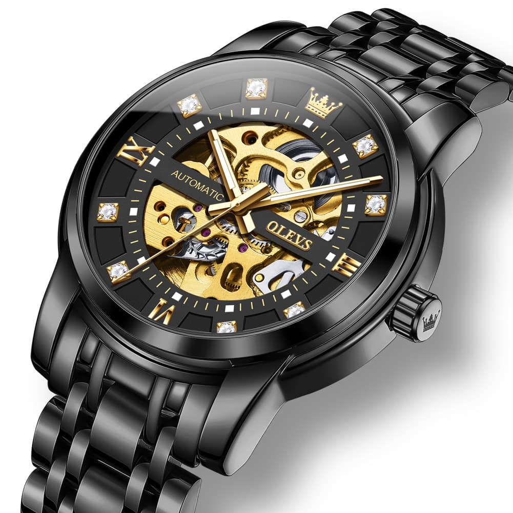 OLEVS Full Skeleton Diamond Dial Automatic Mechanical Watch 9901 for Men - All Gold Watch | Olevs Watch Store