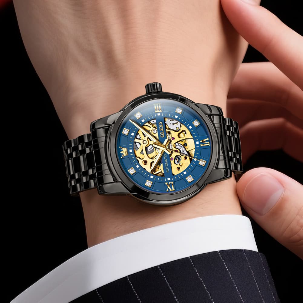 OLEVS Full Skeleton Diamond Dial Automatic Mechanical Watch 9901 for Men - All Gold Watch | Olevs Watch Store